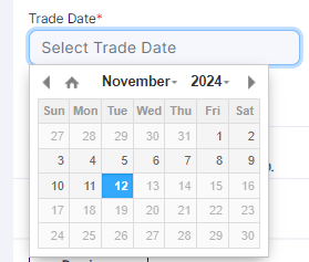 Trade Date field date selection calendar