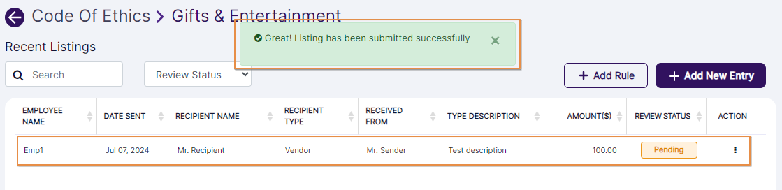 View of new entry added to recent listings and success notification
