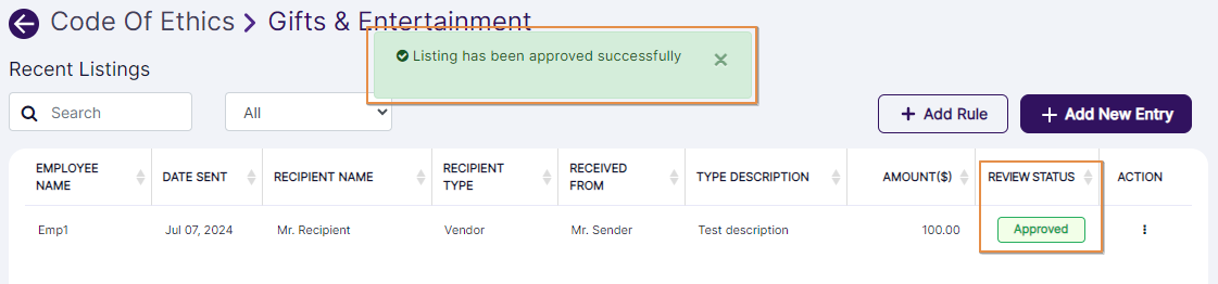 Approved success notification