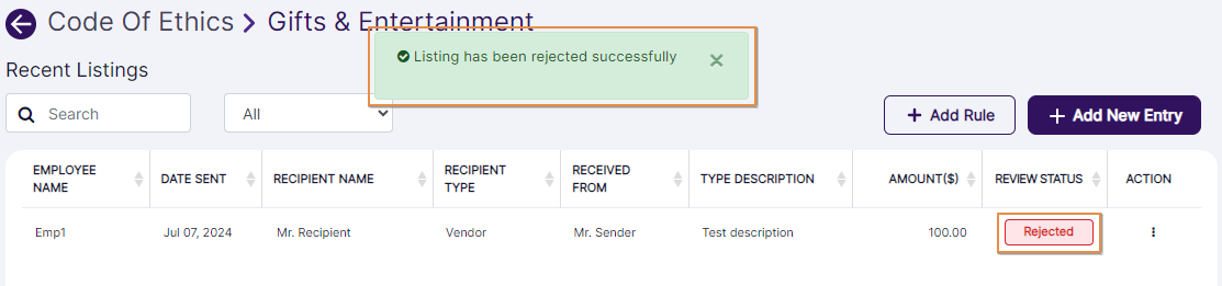 Rejected success notification