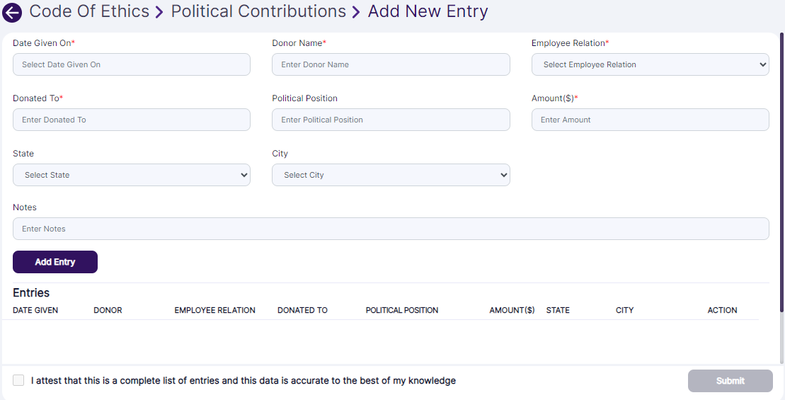 Political Contributions > Add New Entry