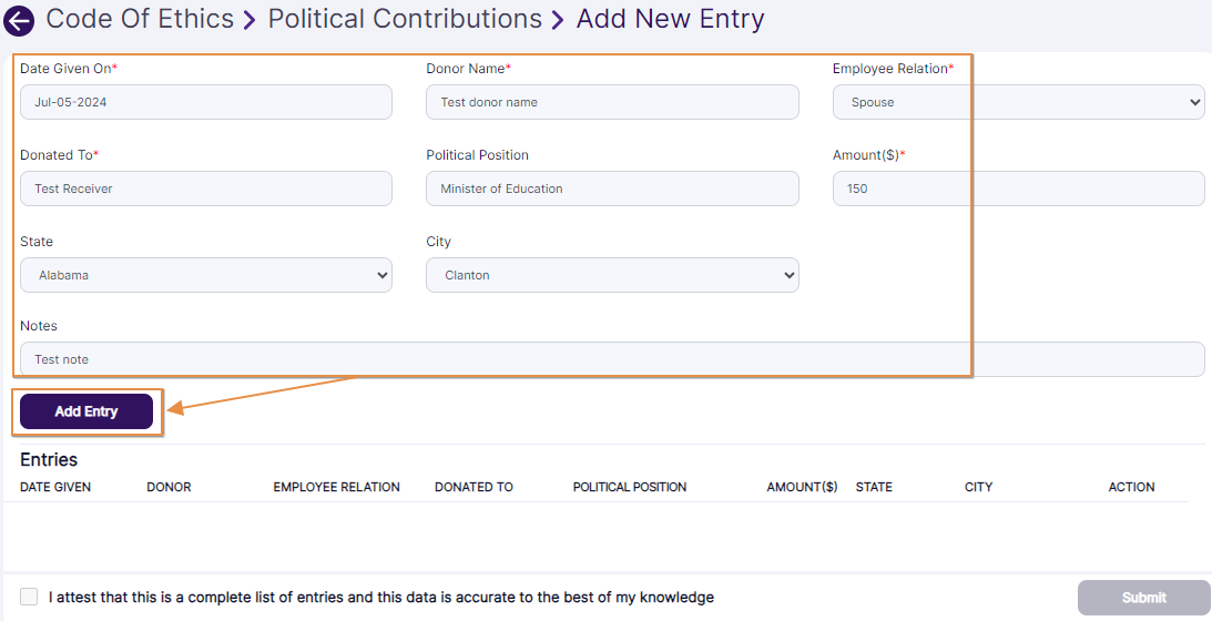 Add Entry button to add details