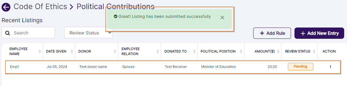 View of new entry added to recent listings and success notification