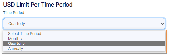 Time Period dropdown under the USD Limit Per Time Period label