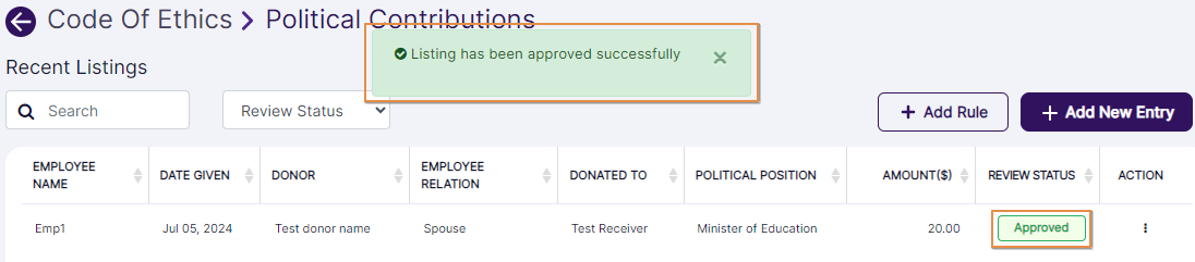 Approved success notification