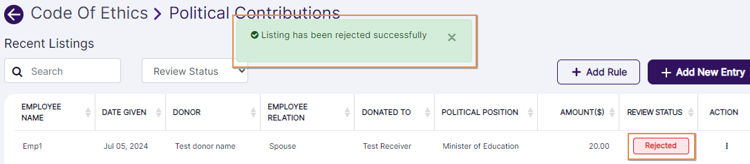 Rejected success notification