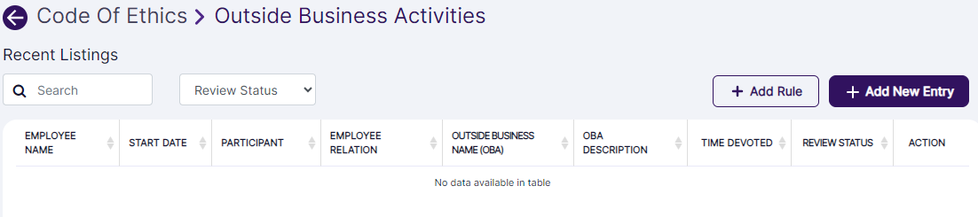 Outside Business Activities module Recent Listings