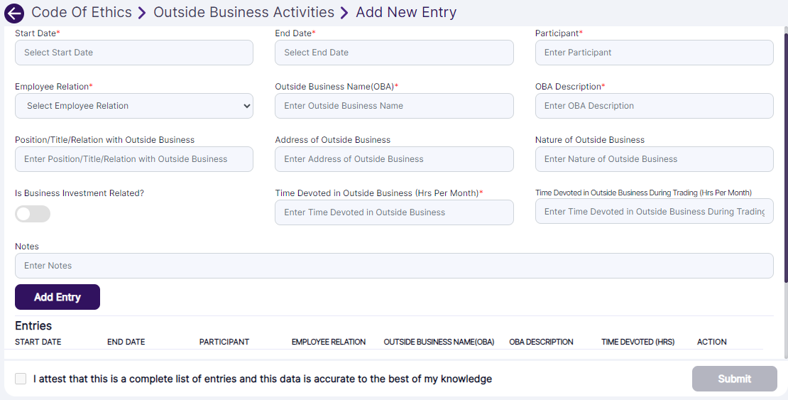 Outside Business Activities > Add New Entry