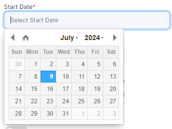 Start Date calendar selection