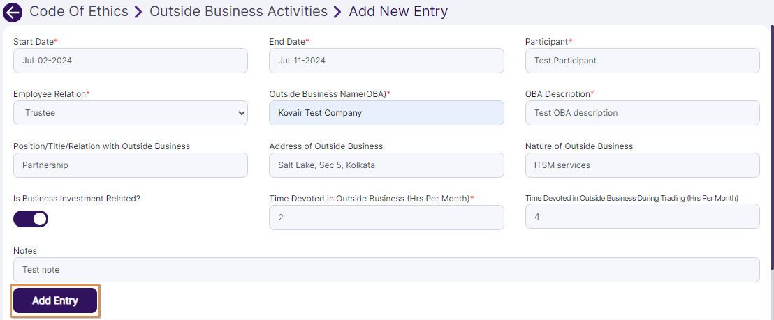 Add Entry button to add details