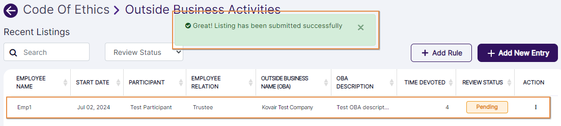 View of new entry added to recent listings and success notification