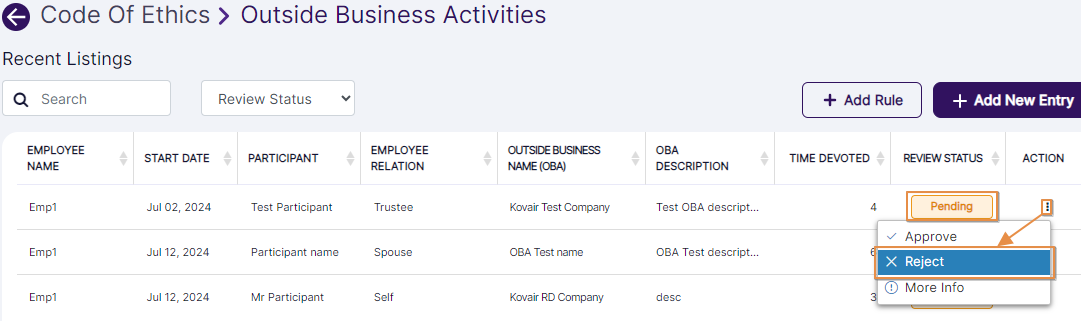 Reject context menu option