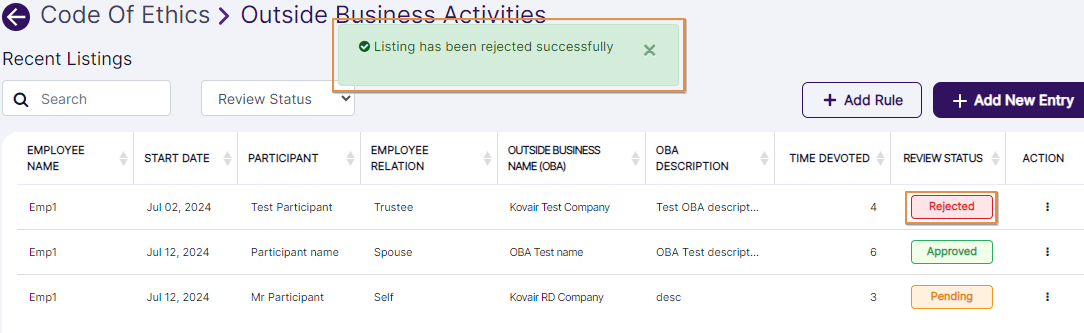 Rejected success notification