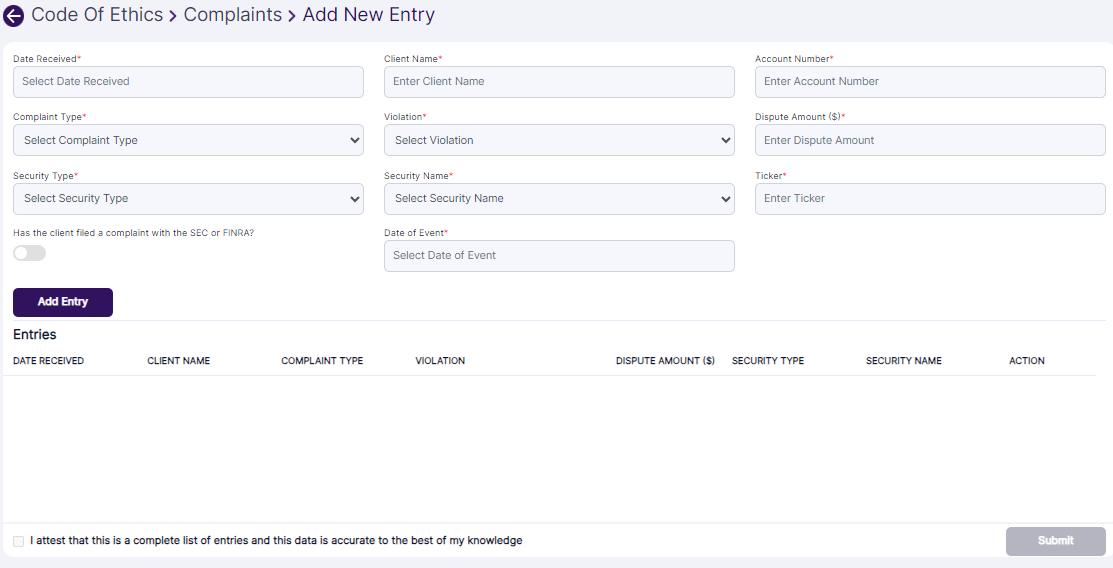 Complaints < Add New Entry