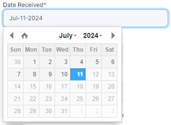 Date Received calendar selection