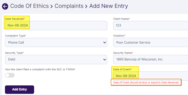 Date of Event field validation