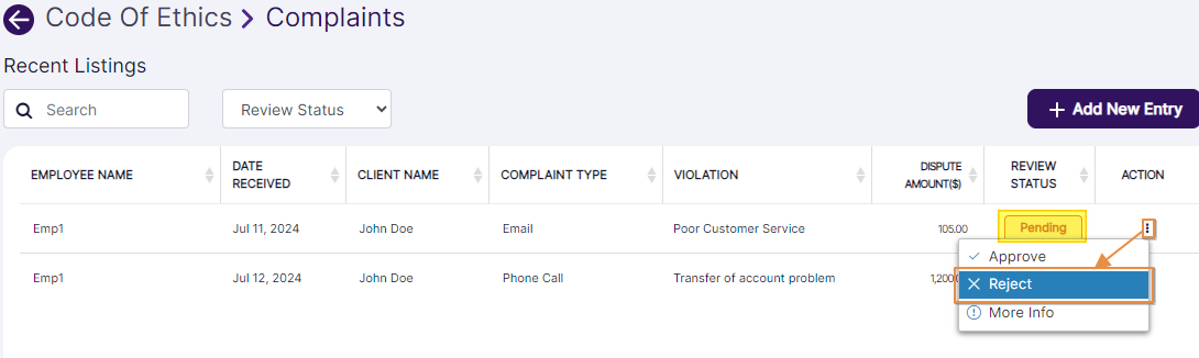 Reject context menu option