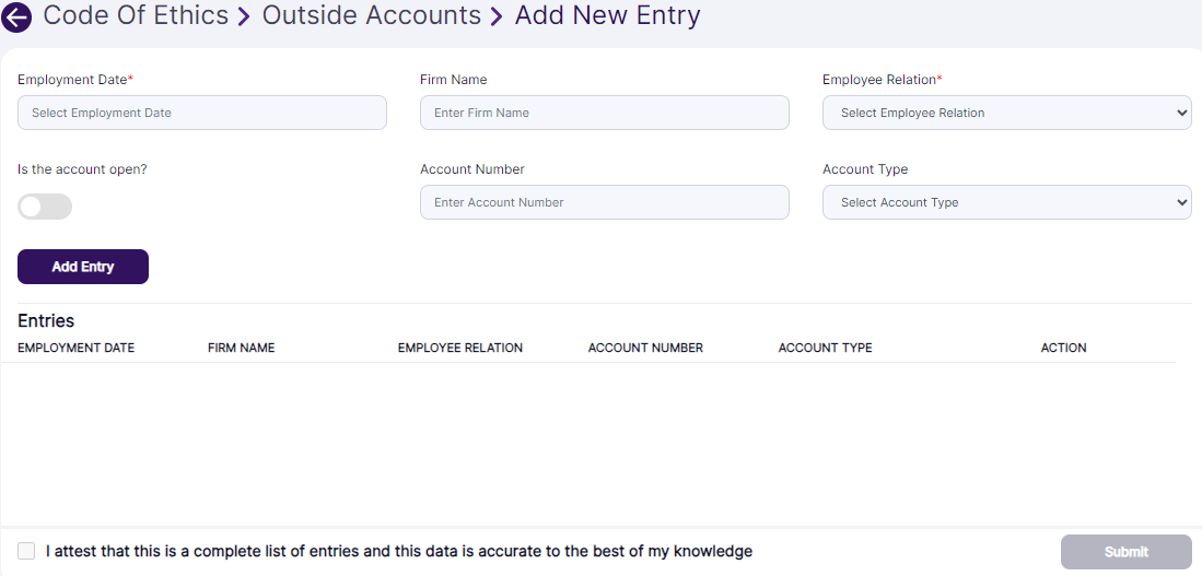 Outside Accounts < Add New Entry