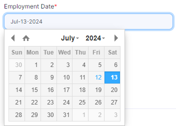 Employment Date calendar selection