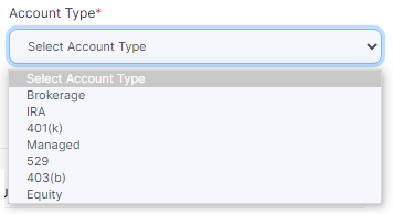 Type of Account dropdown