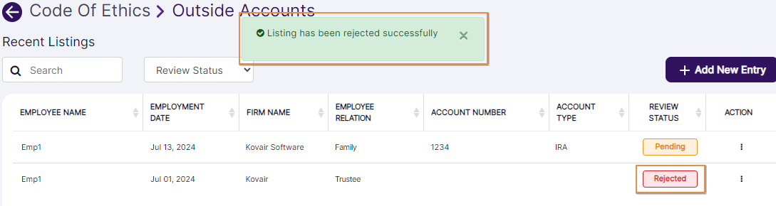 Rejected success notification