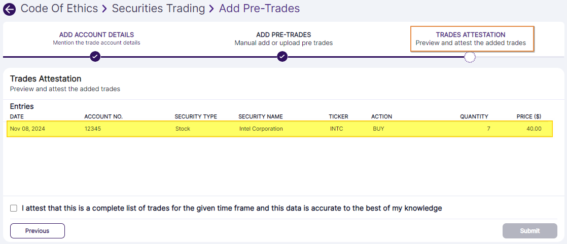 TRADES ATTESTATION tab showing added pre-trade
