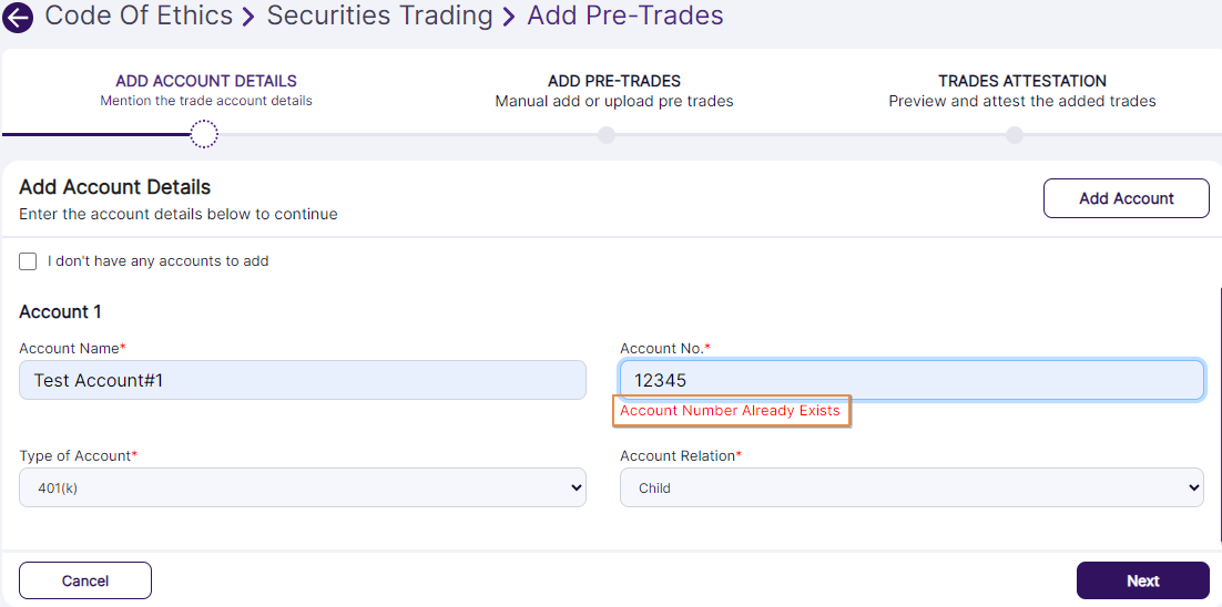 Duplicate account number validation tooltip