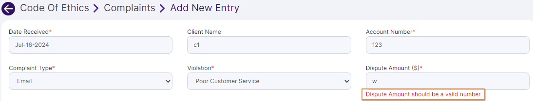 Dispute Amount ($) field validation