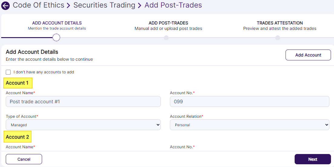 Type of Account dropdown