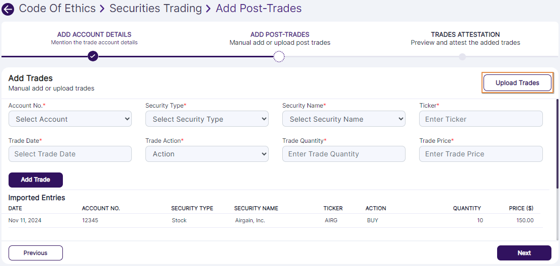 Upload Trades button