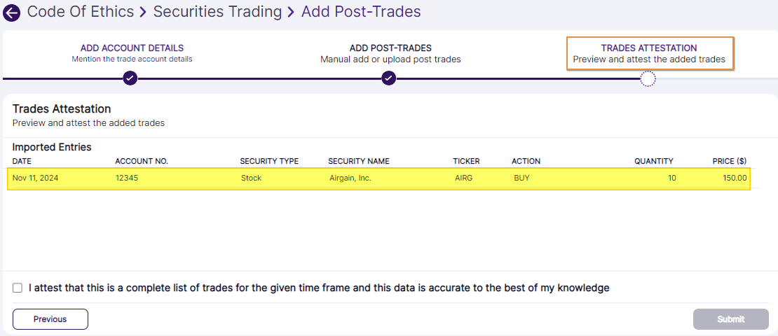 TRADES ATTESTATION tab showing added post-trade