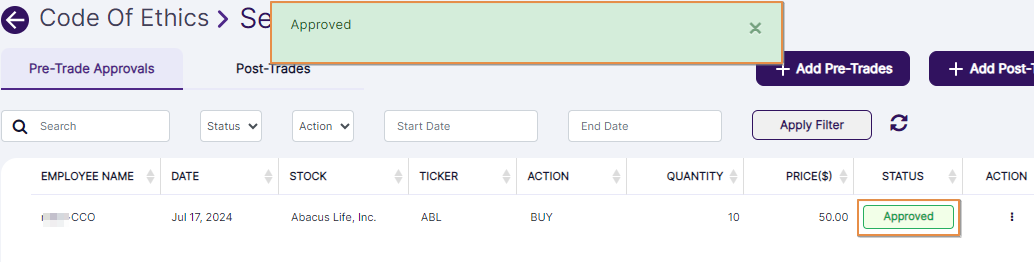 Approved success notification