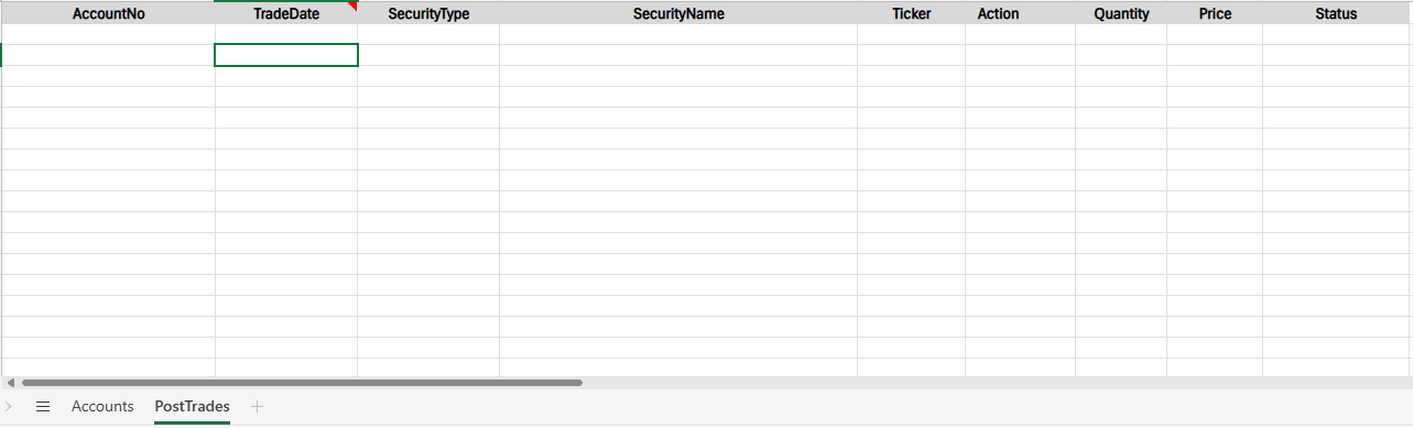 Default Template view - PostTrades sheet