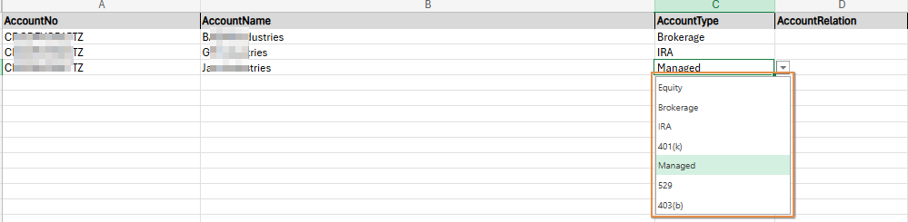 Provided options under the AccountName column