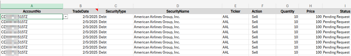 Sample view of data populated in the PostTrades sheet
