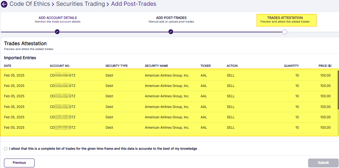 Imported Trades Attestation view