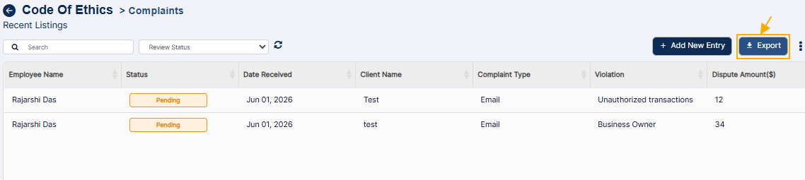 Export button