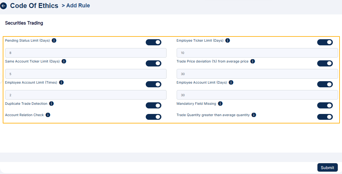 Securities Trading rule sliders and fields