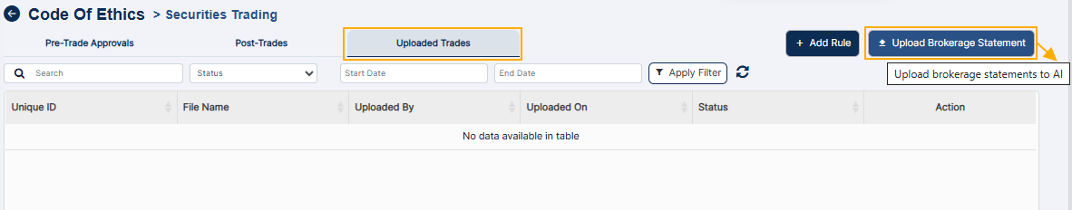 Upload Brokerage Statement button of the Uploaded Trades tab