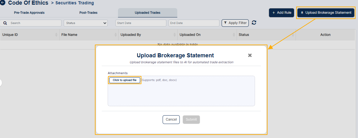 Upload Brokerage Statement modal window