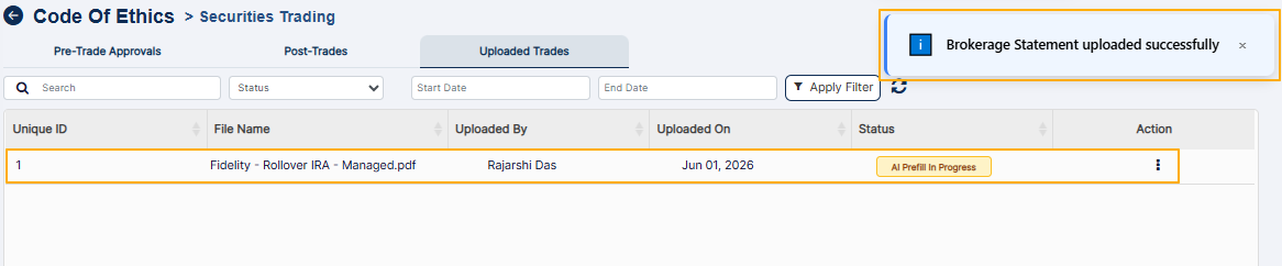 Brokerage statement successfully uploaded