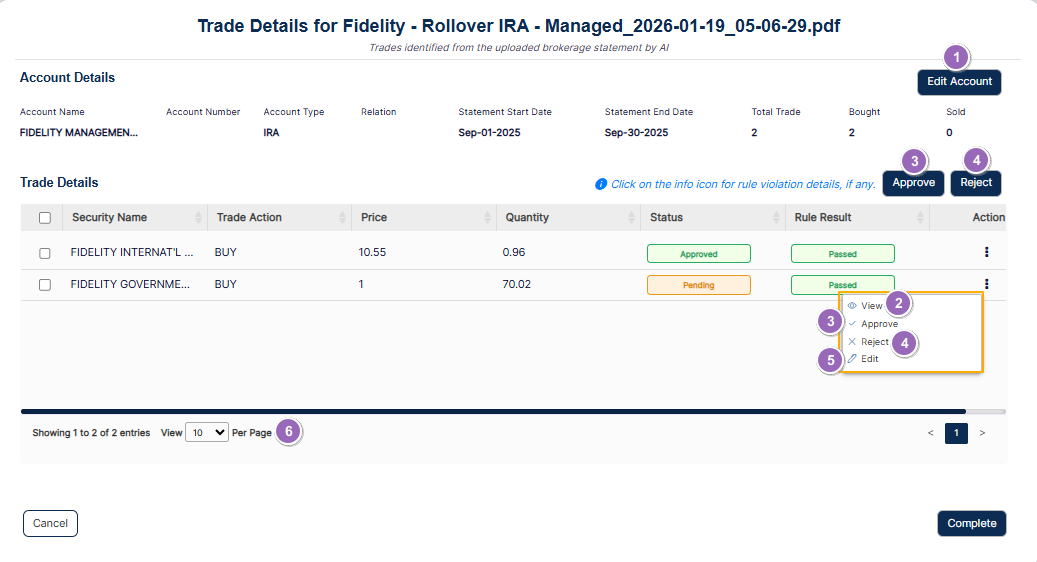 Elements of the Trade Details modal window