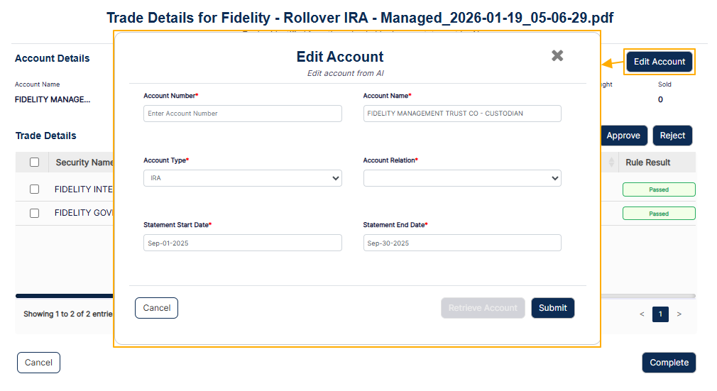 Edit Account modal window