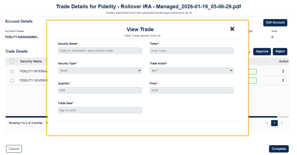 View menu option loads the View Trade modal window