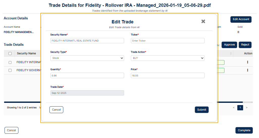 Edit Trade modal window