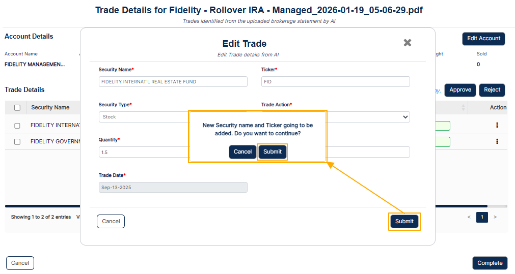 Providing trade details update confirmation