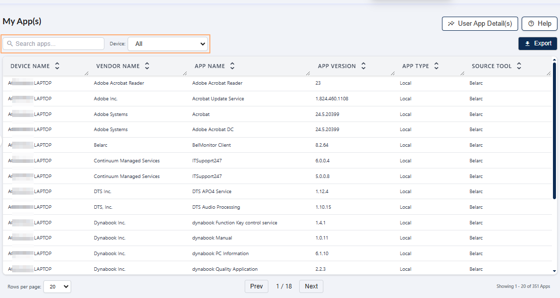 Search bar and device selection dropdown