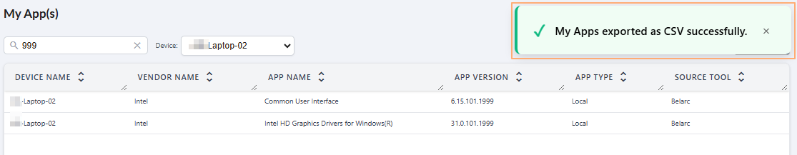 Success message after export