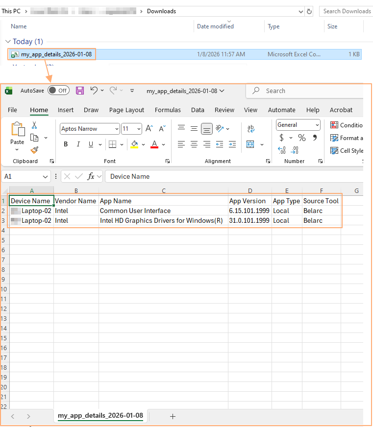 Downloaded excel file content view