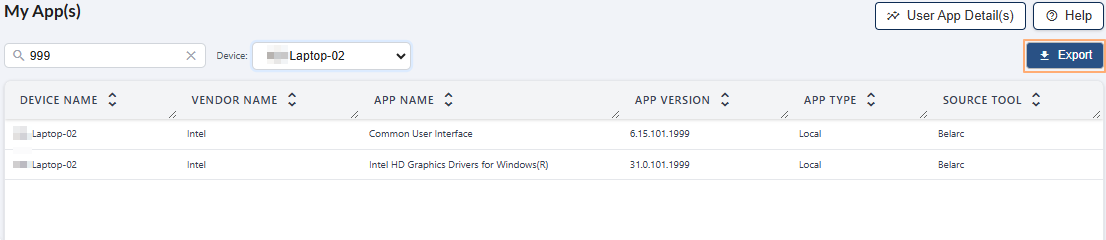 Export button in My App(s)